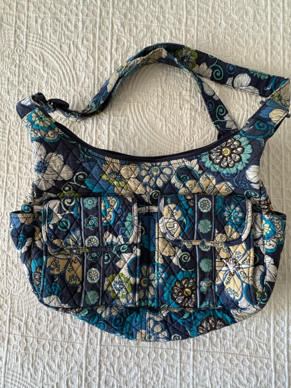 Vera Bradley Cargo Quilted Floral Pattern Crossbody Bag - Blue Teal Cream